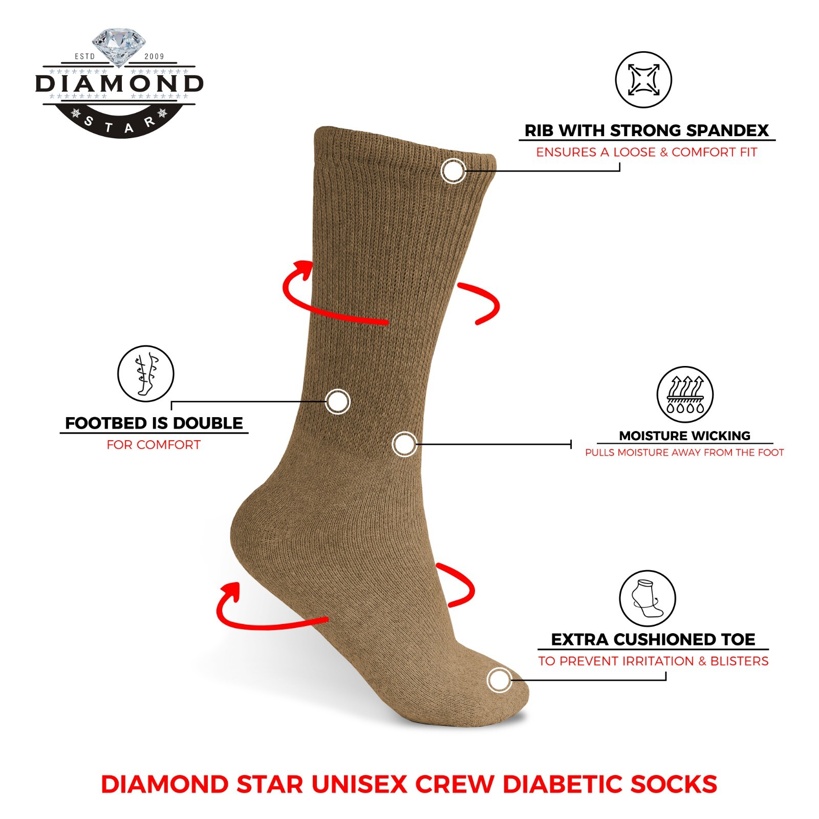 6Pairs Beige Diabetic Cotton Crew Socks Health Circulatory Size9-11 10-13 13-15