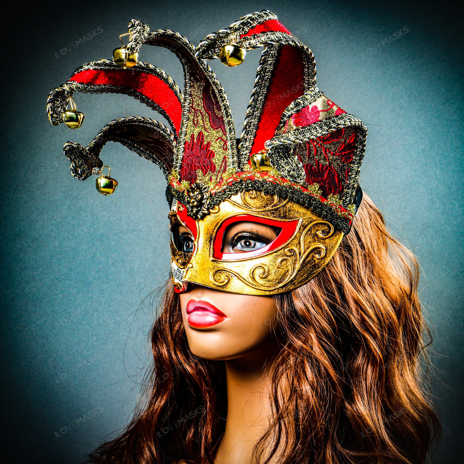 Jester Joker Venetian Musical Eye Mask with Bells – Gold Red Halloween Eye Mask