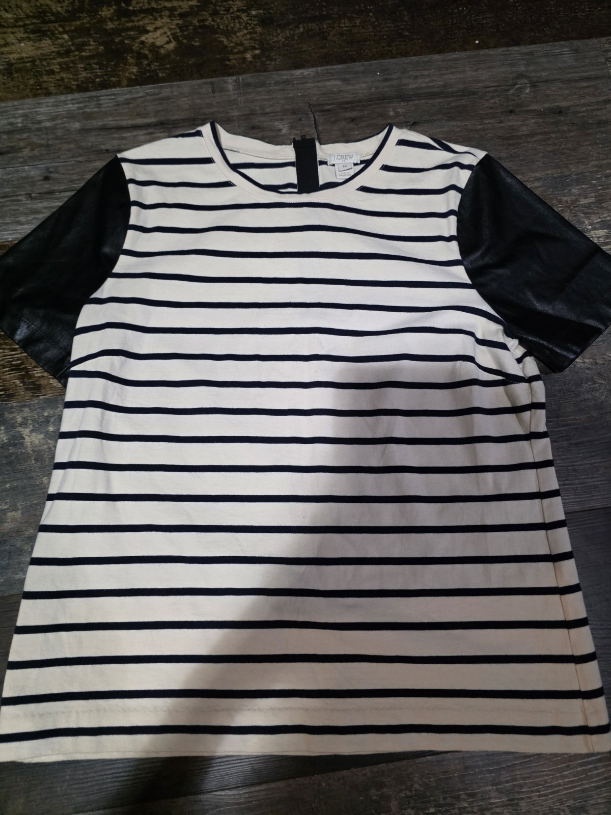 J.CREW Women’s Size M Regular Striped Cap Leather Sleeve Crew Neck