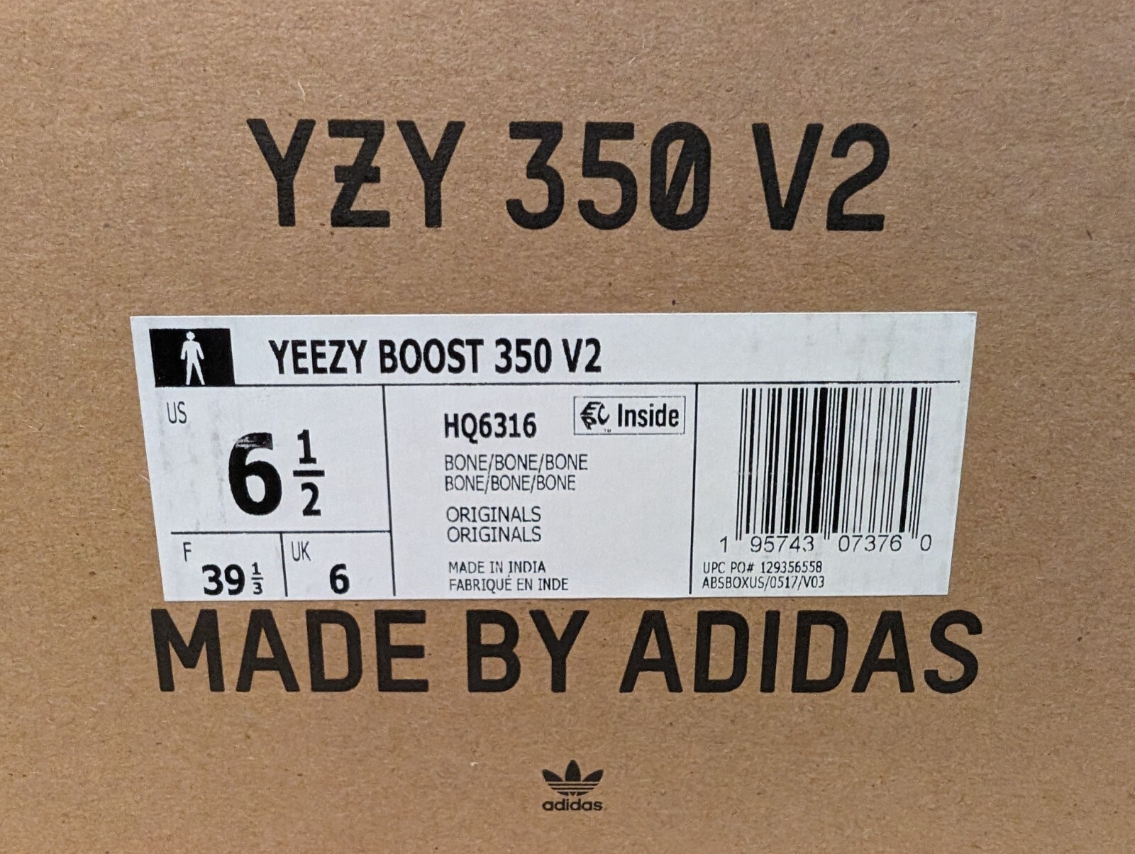 Adidas Yeezy Boost 350 V2 Bone Triple White HQ6316 Shoe Size 6.5