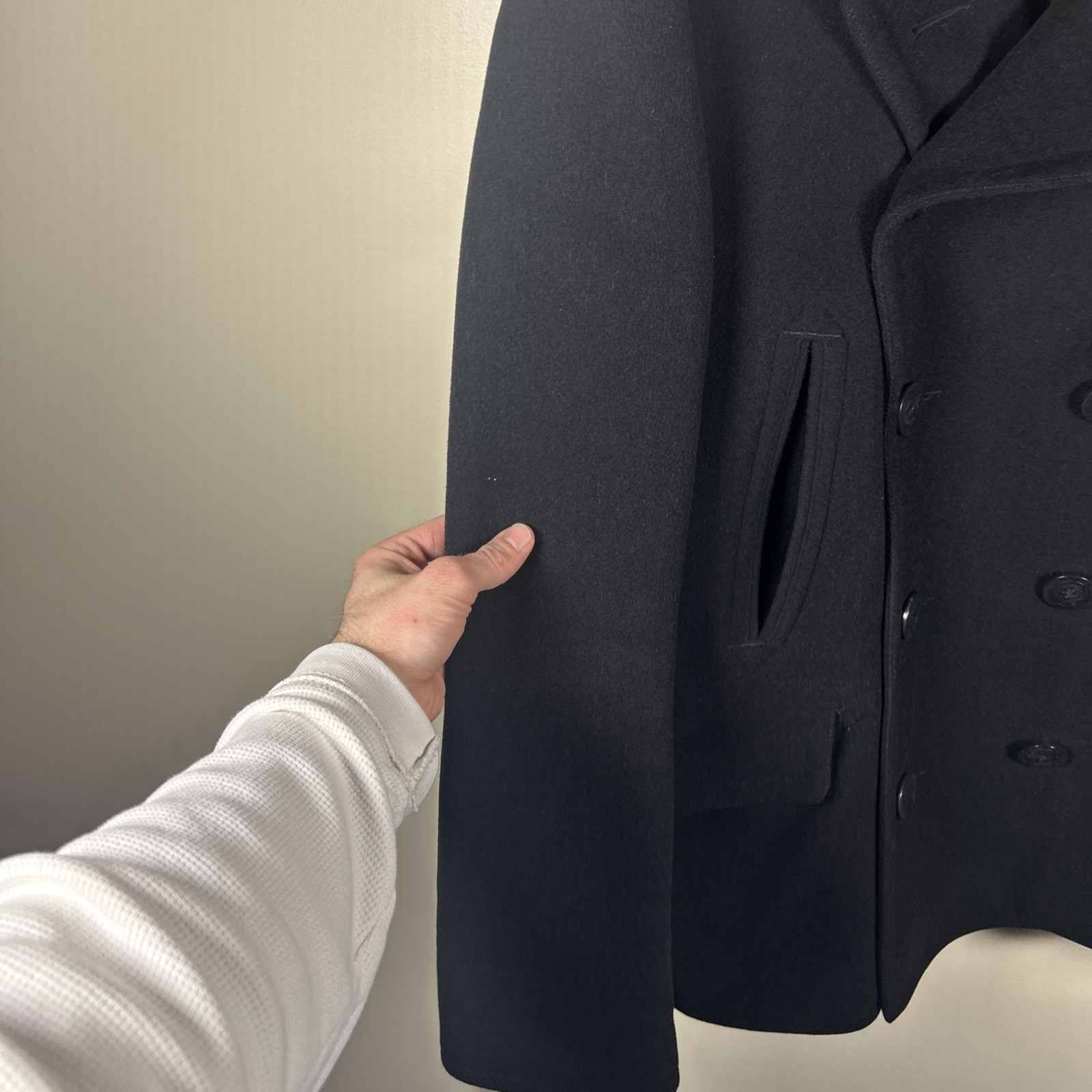 Polo Ralph Lauren Pea Coat Large Black Wool Double Breasted Anchor Naval RRL