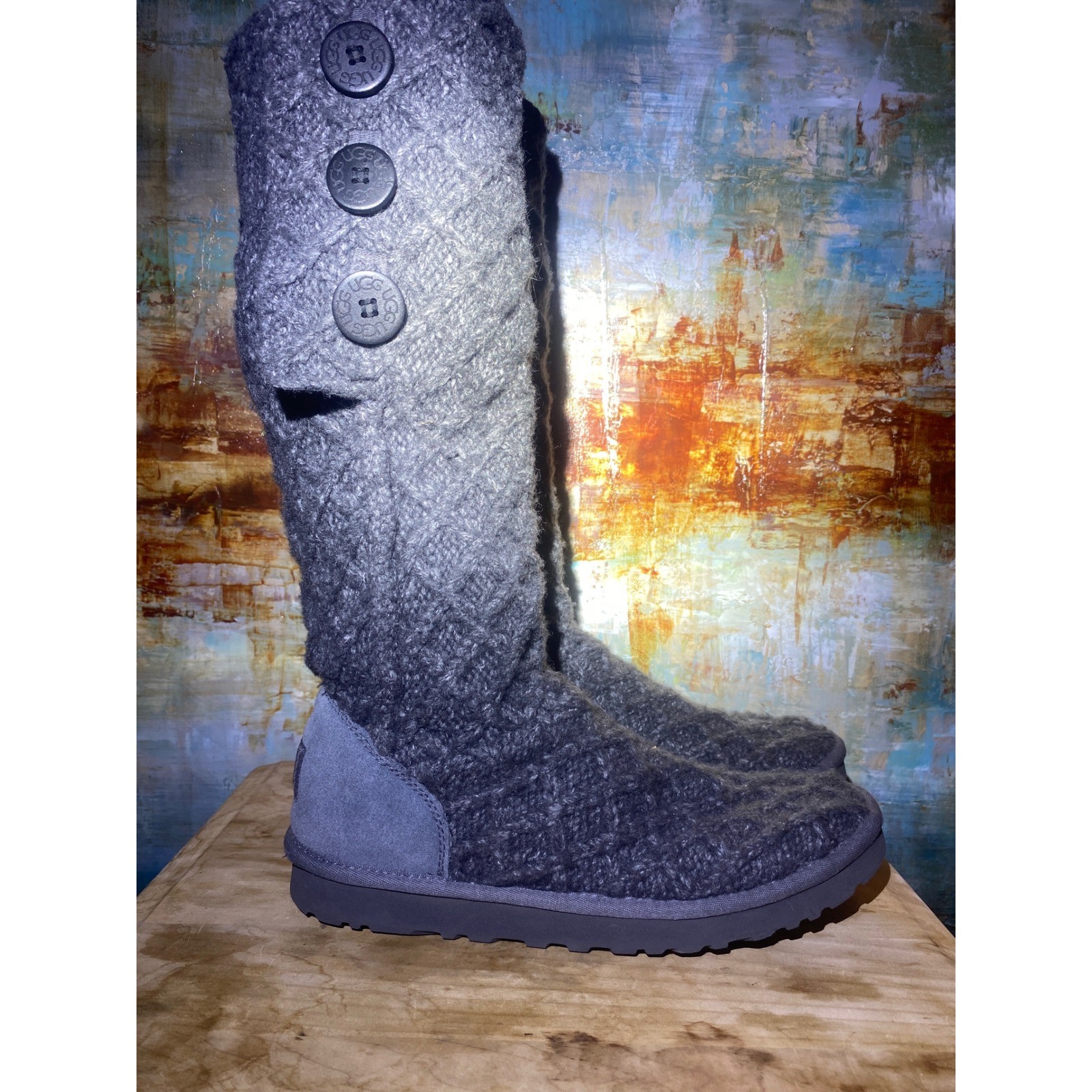 UGG Australia Lattice Cardy 3066 Charcoal Grey Knit Tall Button Boots Womens 10