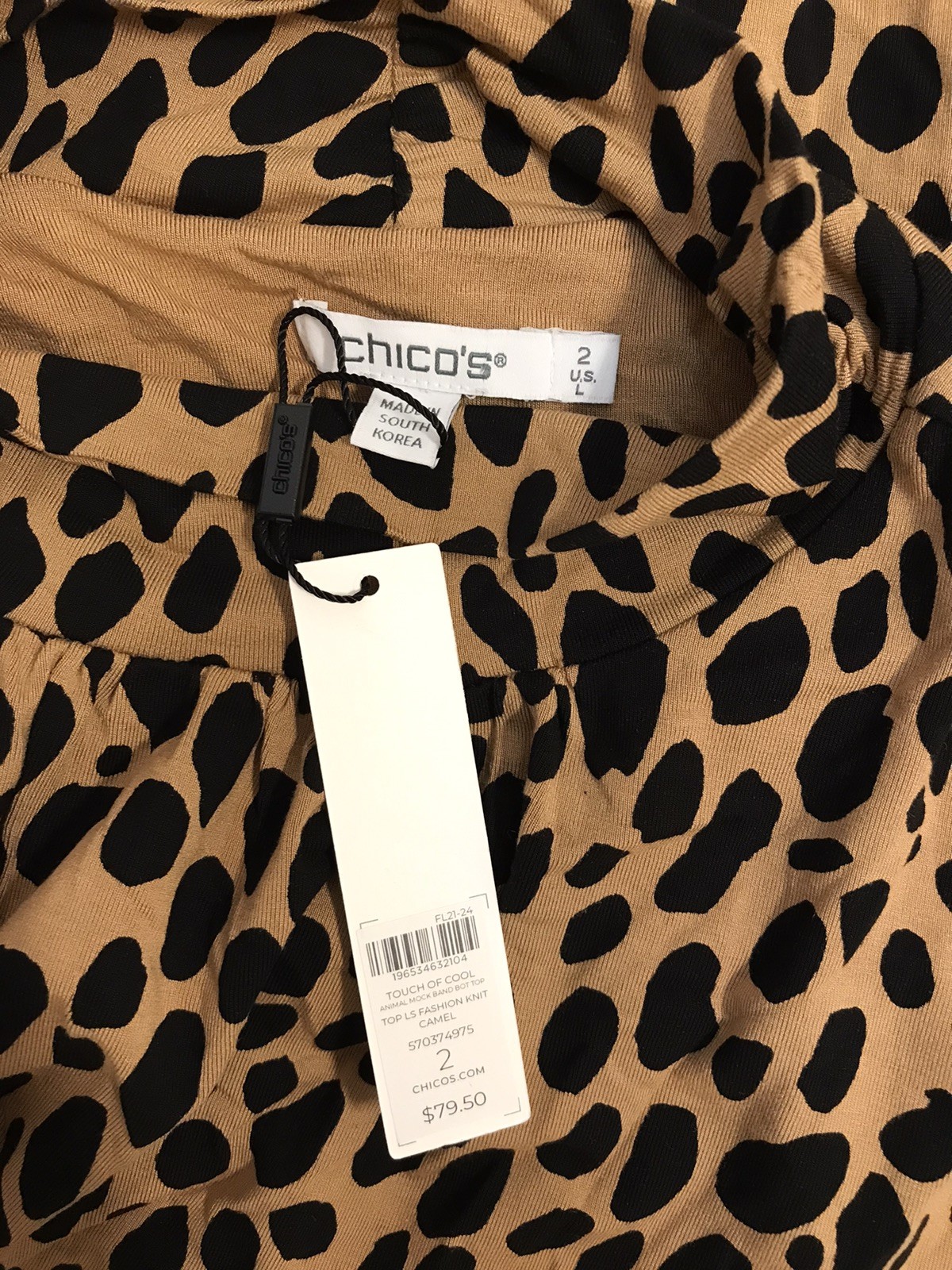 Chico’s 2 or L Top NWT $79 Stretch Banded Hem Animal Print Bit Heavy Blouse Mock