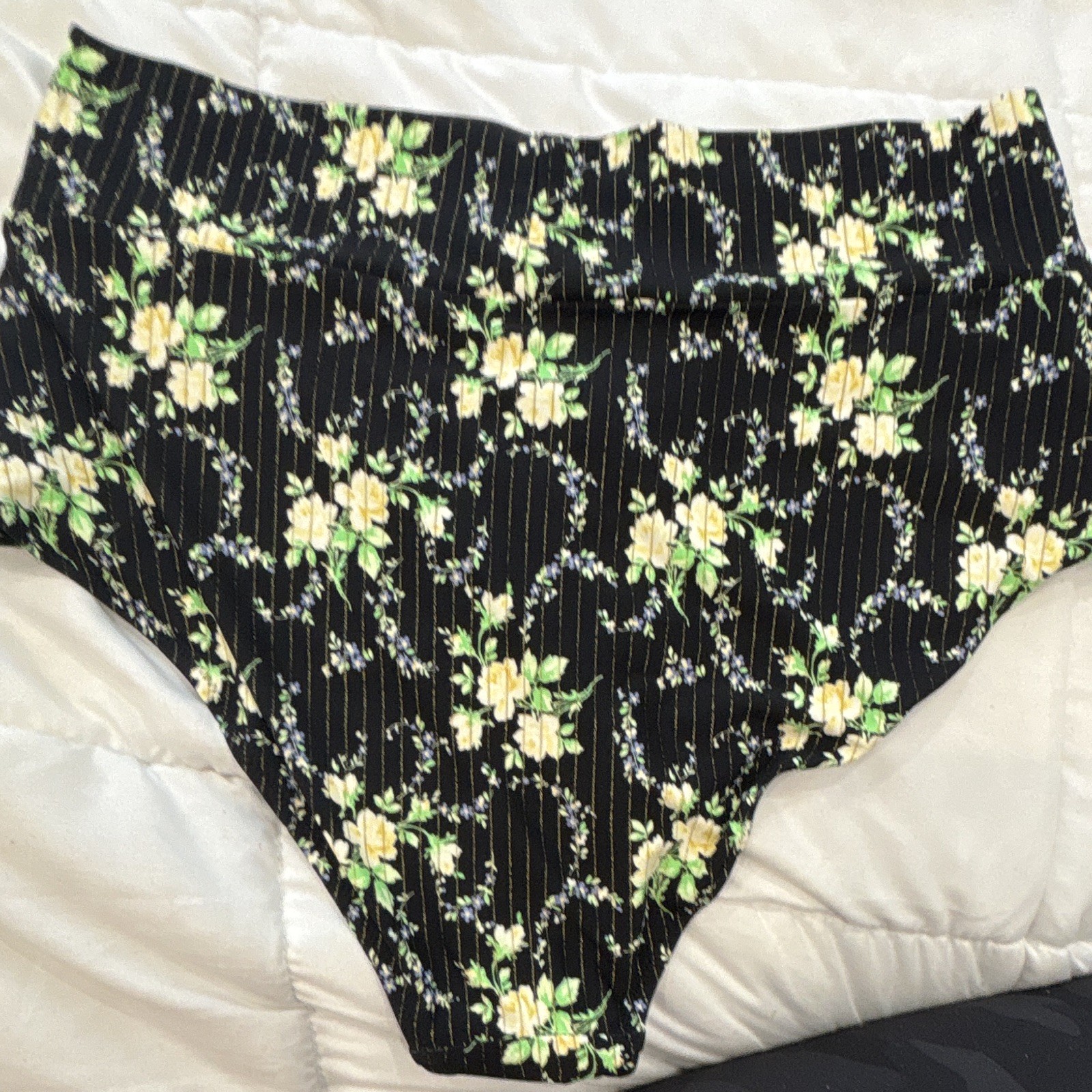 Aerie XL High-Waisted Bandeau Bikini Set Floral Striped Black Yellow