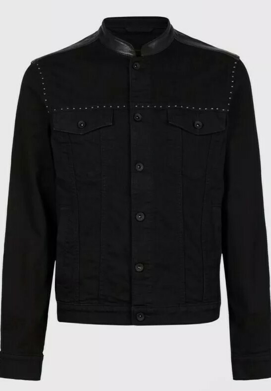 NEW JOHN VARVATOS BLACK DENIM LAYNE TRUCKER JACKET WITH LEATHER ACCENTS – SMALL
