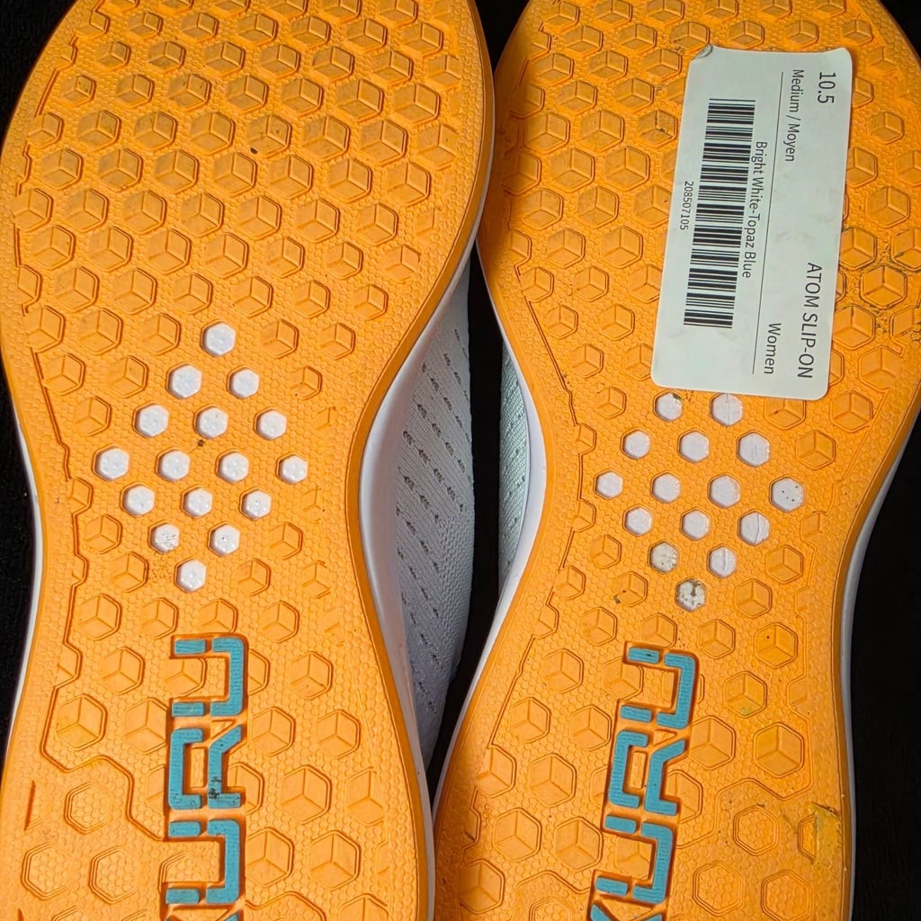 KURU Atom Women’s Slip-On Athletic Walking Shoes in Bright White and Topaz Blue,