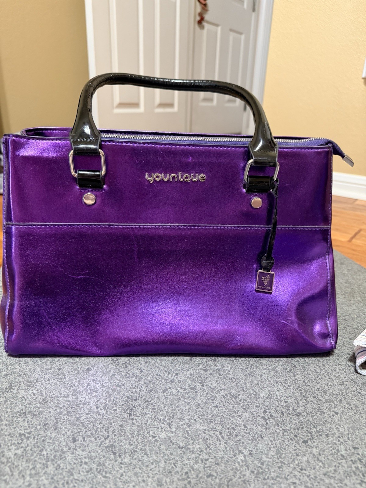 Younique Purple Metallic Satchel Top Handle Zip Bag w/ Detachable Strap Charm
