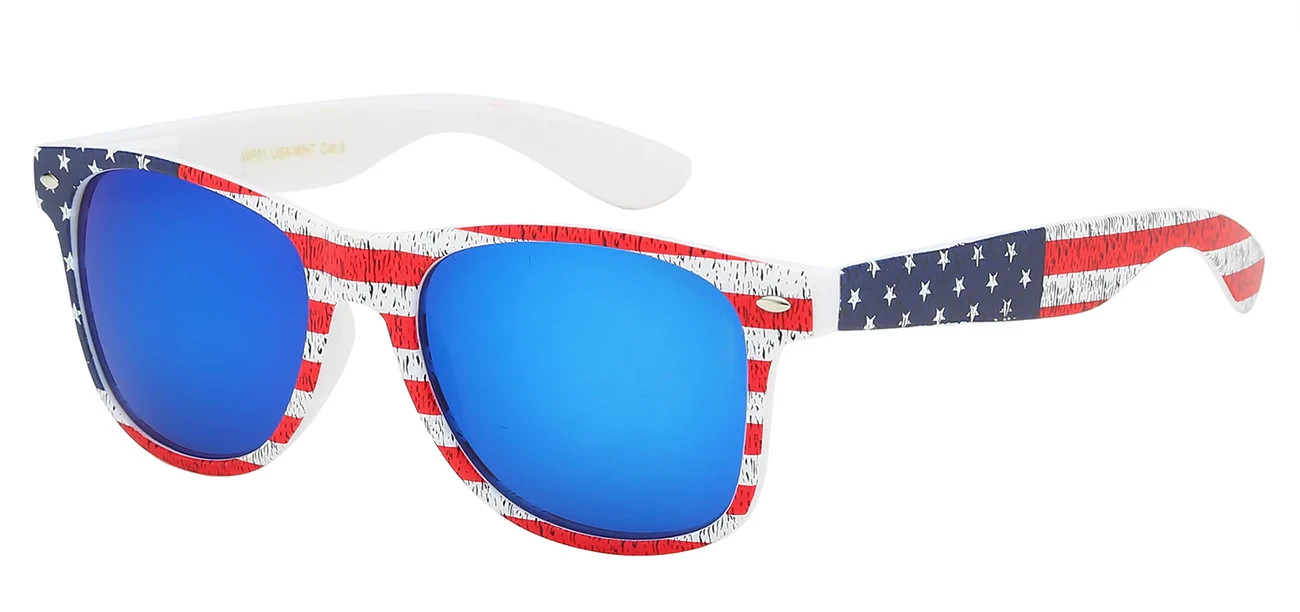 American Flag Sunglasses Comfort Spring Hinge White Frame USA Blue Mirror Lens