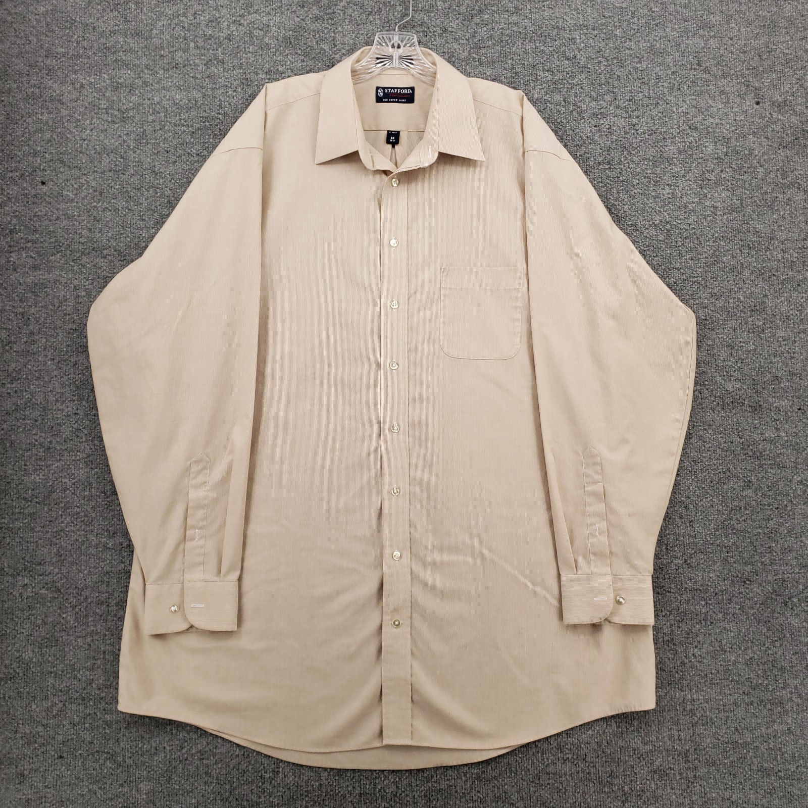Stafford Performance Dress Shirt Mens 18 X-Tall Tan Striped Broadcloth Button Up