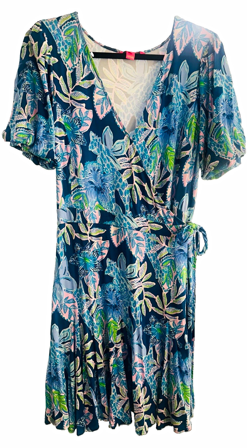 Lilly Pulitzer Wrap Dress XL Blue Pink Green Floral Cotton Knit Stretch V-Neck