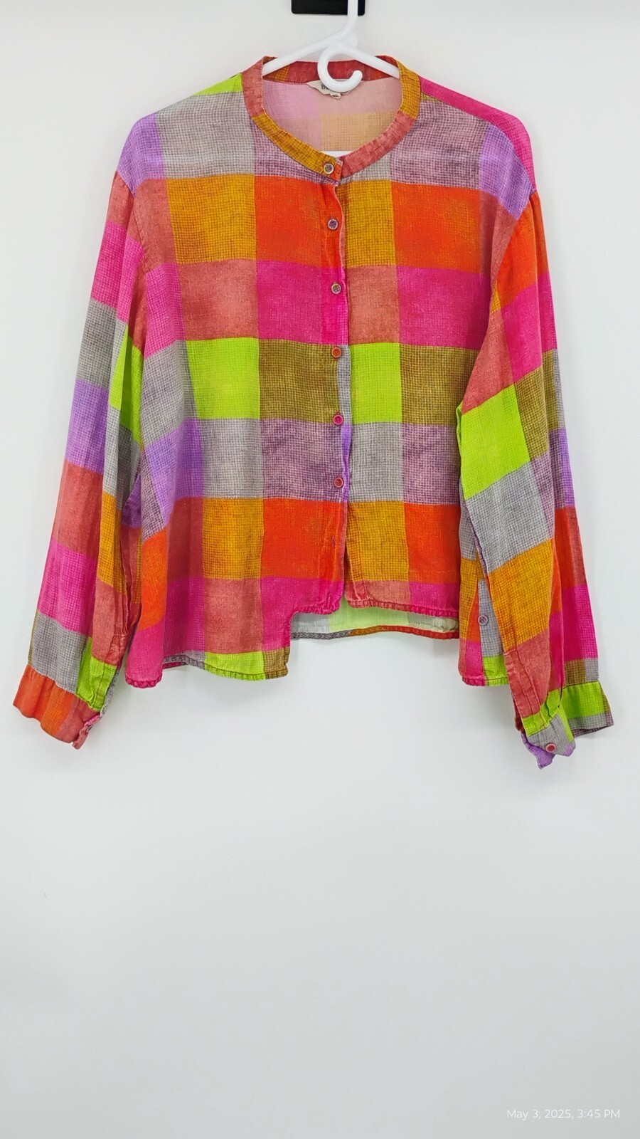 Buykud Irregular Plaid 100% Ramie Button Blouse Shirt Colorful Long Sleeve XL