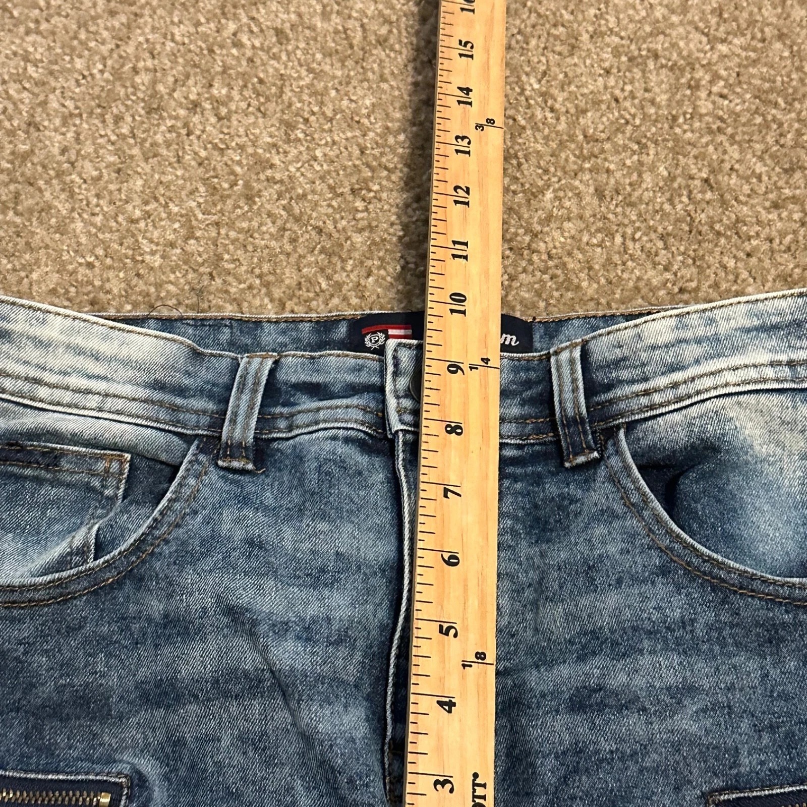 Mens Biker Jeans 30X30 Acid Wash Blue Moto Denim Ribbed Knee Zipper Slim Fit