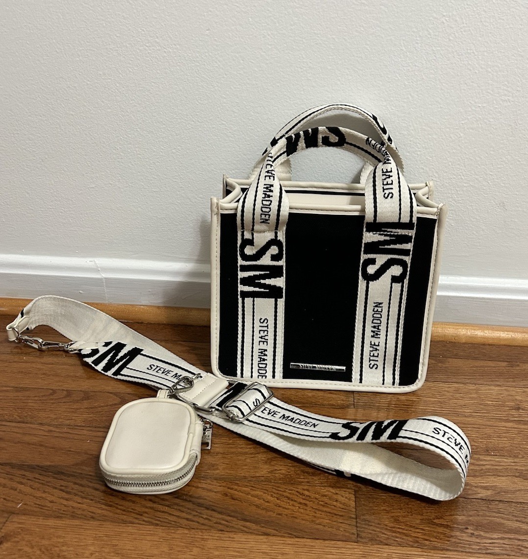 Steve Madden Black/Tan Logo Crossbody Top Handle Bag – Detachable Strap + Pouch
