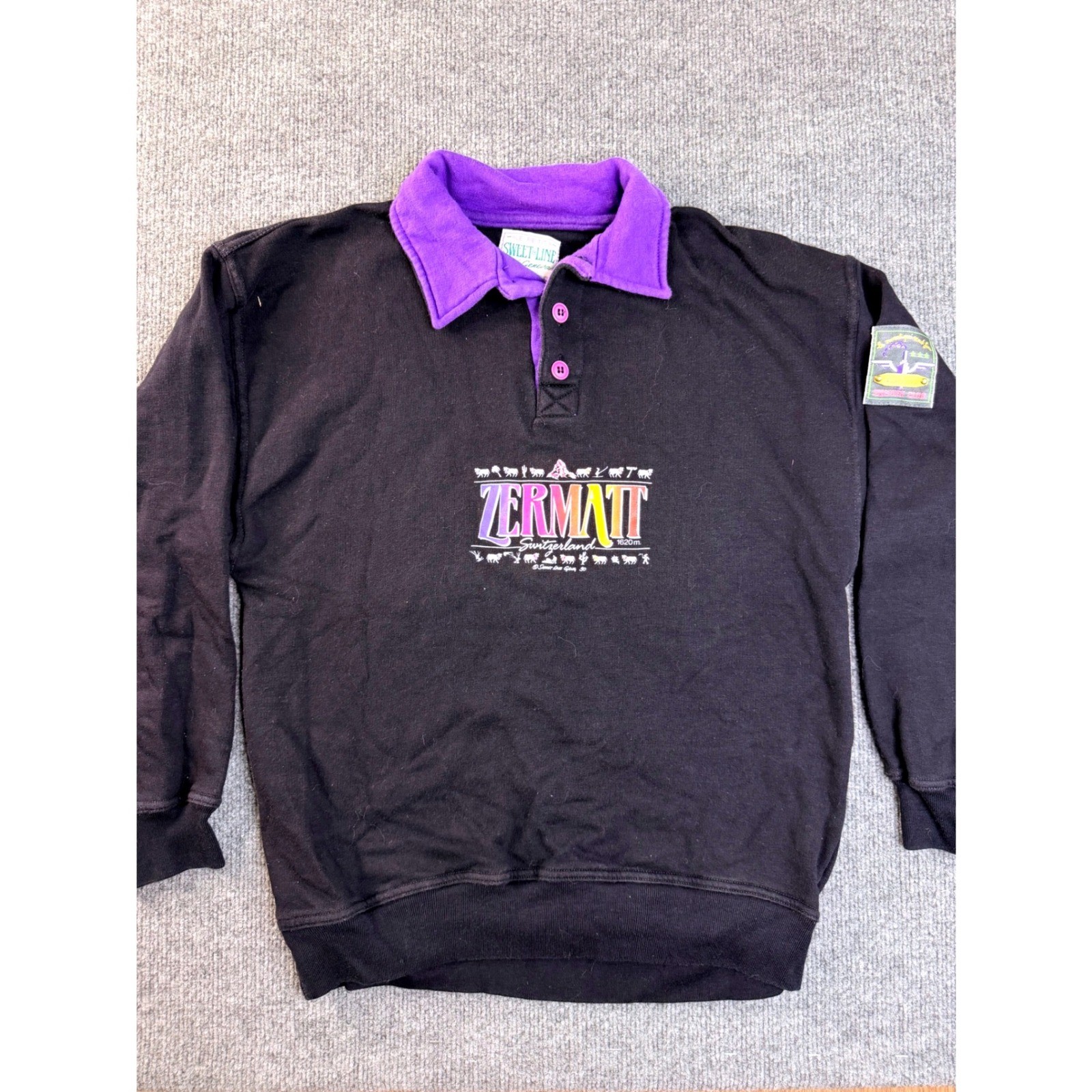 Sweet Line Zermatt Switzerland Sweatshirt Mens L Black Purple Polo Pullover Vtg