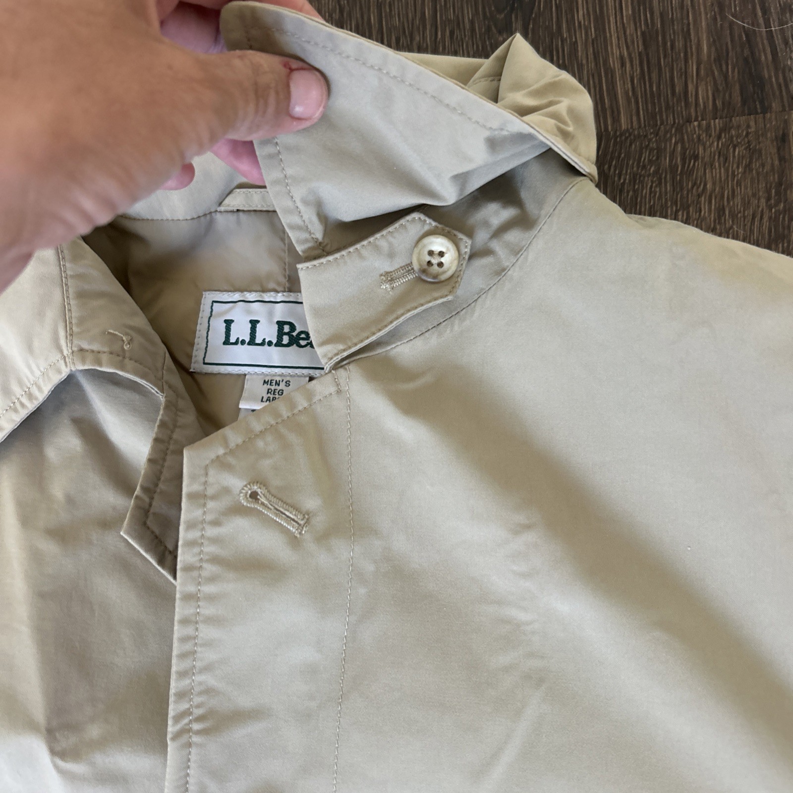 Vintage LL Bean Trench Rain Coat Mens Large Khaki Long Chin Strap Made USA 80s