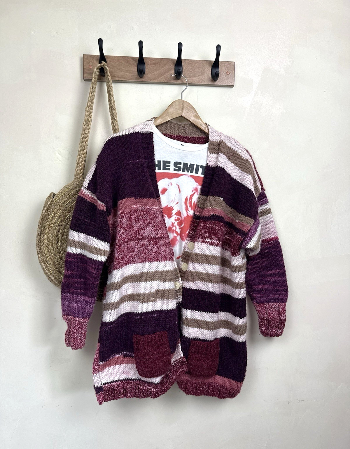 Hand Knitted Cardigan Burgundy Stripe UK12-14 Chunky Knit Pockets Festival