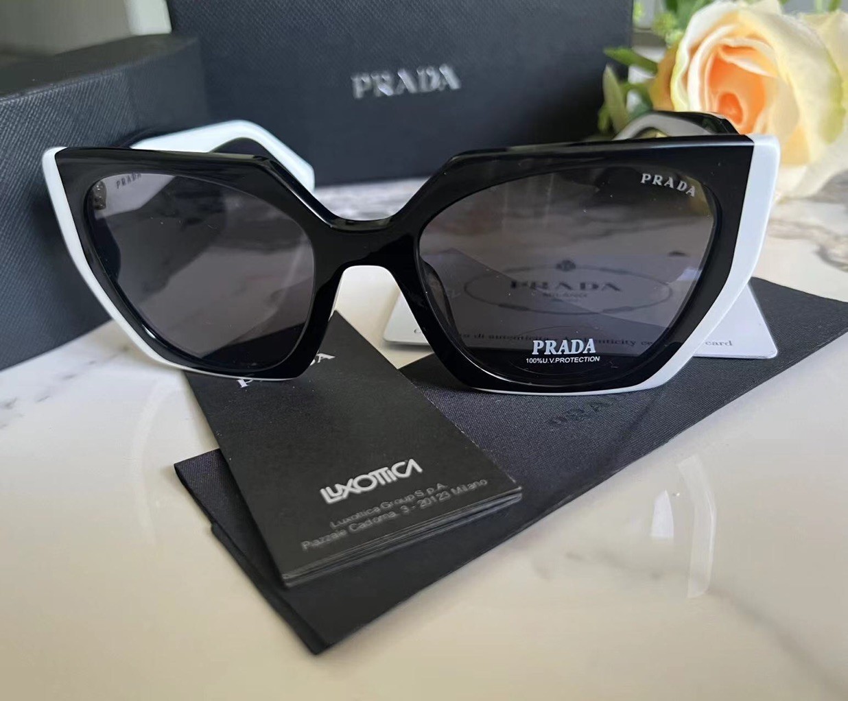 Prada PR15WS 09Q5S0 Rectangle Sunglasses in Black and White /Gray Lens 100% UV