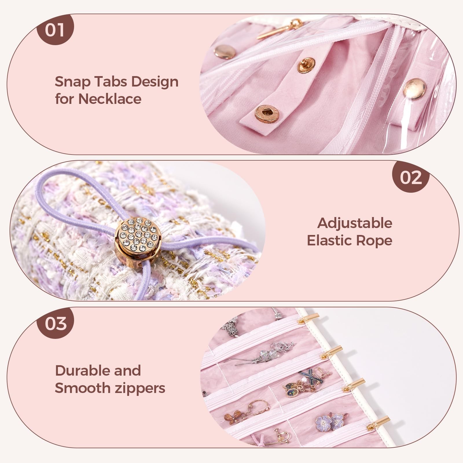 Travel Jewelry Organizer Roll with Zippered Pockets,Hangable | Tangle-Free Po…