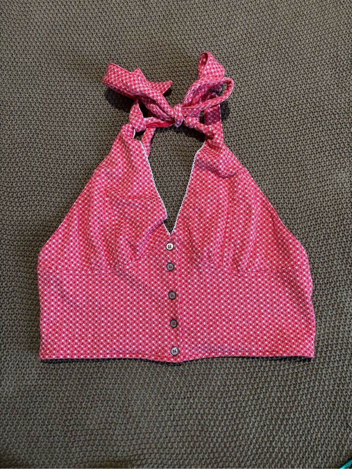 Free People Red Halter Crop Top br Red & White Button-Accented Top