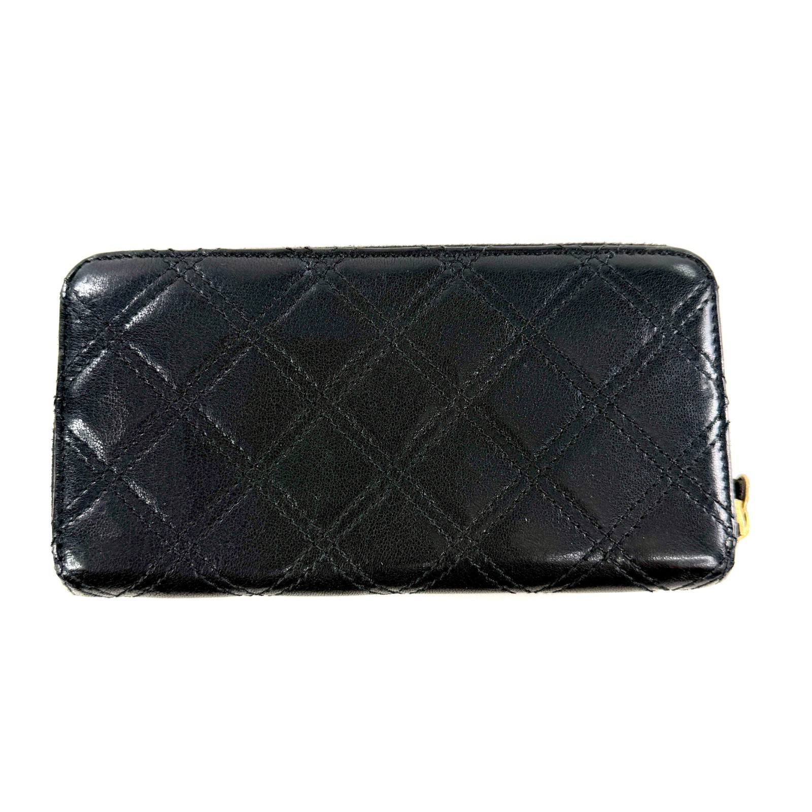 Marc Jacobs Black Quilted Leather Large Zip Around Wallet Clutch Brass Push Lock