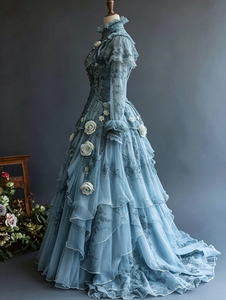 Victorian Blue Lace High Neck Corset Ball Gown Wedding Dresses With Flowers