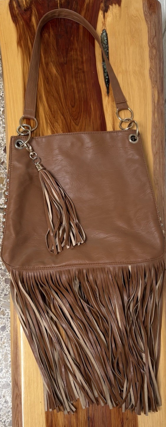 Imoshion Brown Fringe Studded Shoulder Bag Floral Lined, Zip/Snap, Pockets
