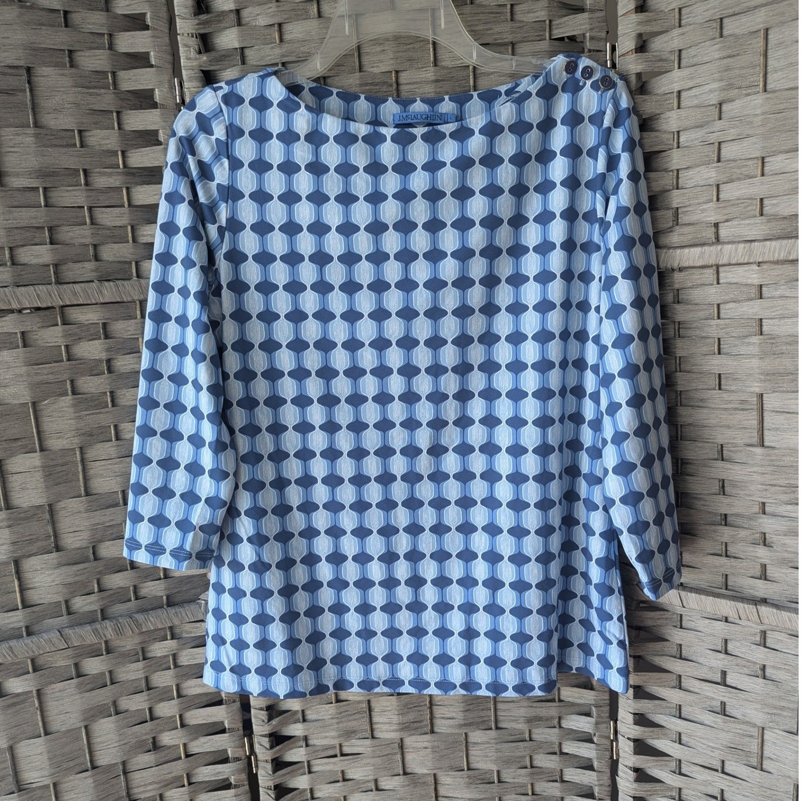 J.McLaughlin Top Blue Geometric Boat Neck 3/4 Sleeve Sz L Preppy Coastal Office