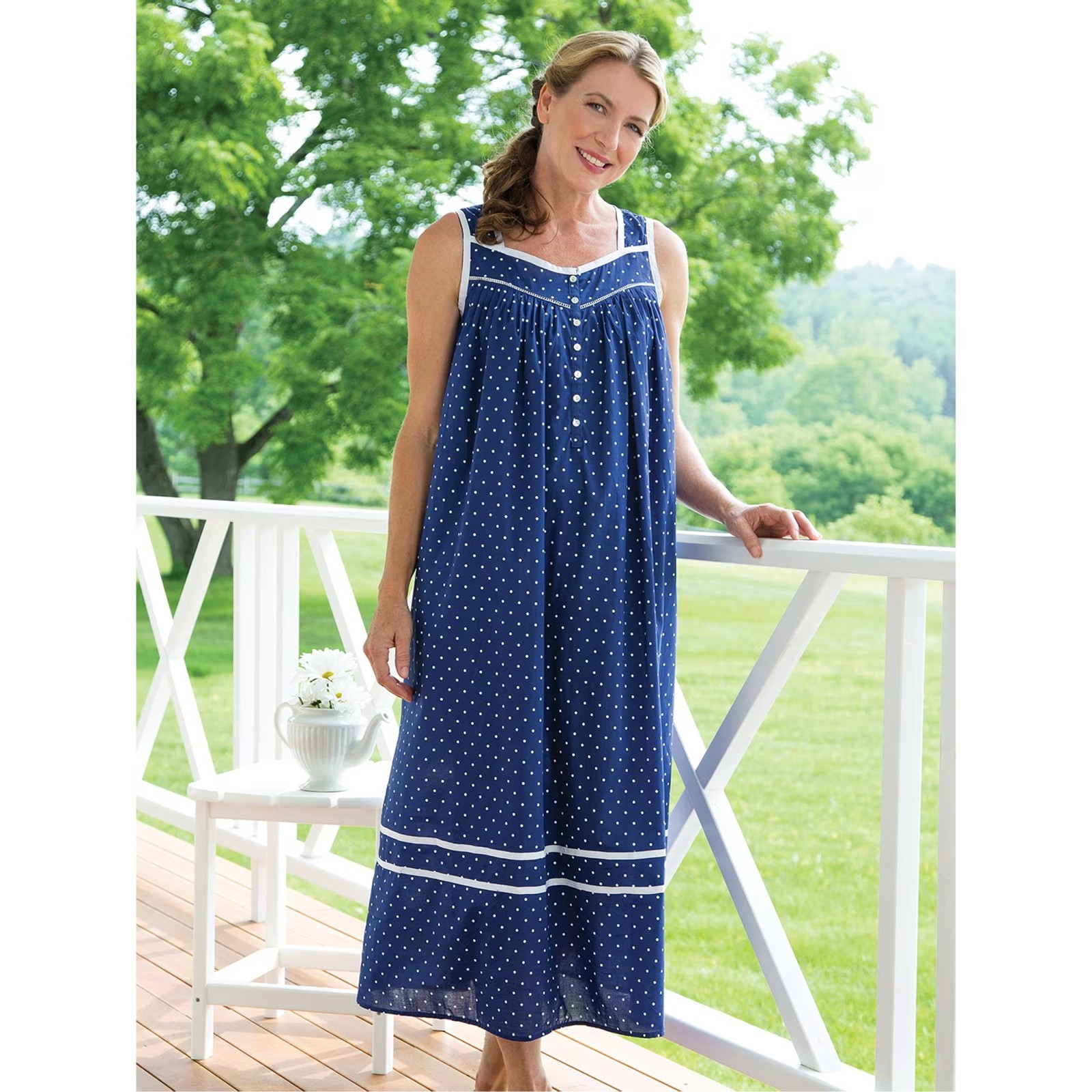 Eileen West Nautical Blue Polka-Dot Cotton Nightgown