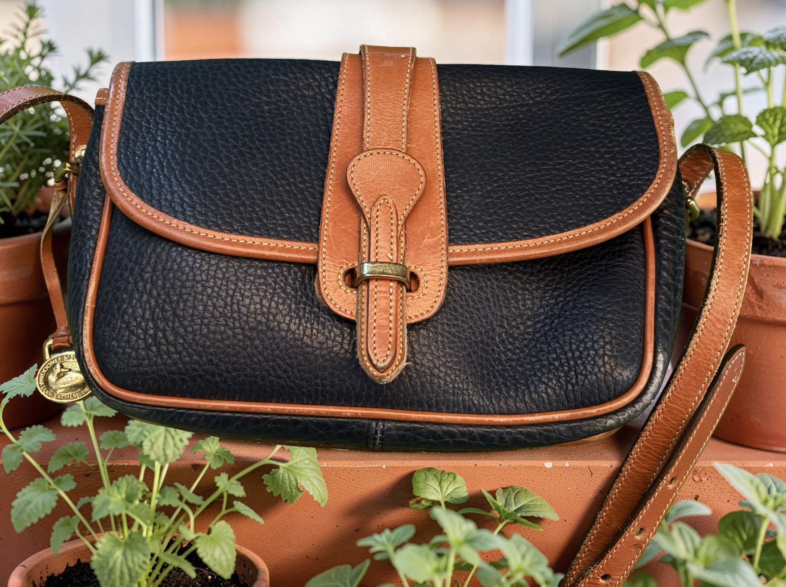 Dooney Bourke Navy Blue Vintage Flap Equestrian Tack Bag All Weather Leather