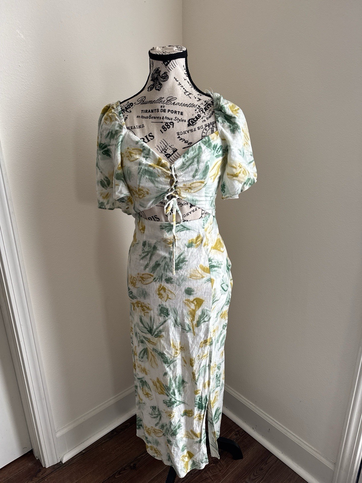 Zara Floral Linen Blend Dress XS Puff Sleeve Tie Front Cutout Slit Summer Vacay