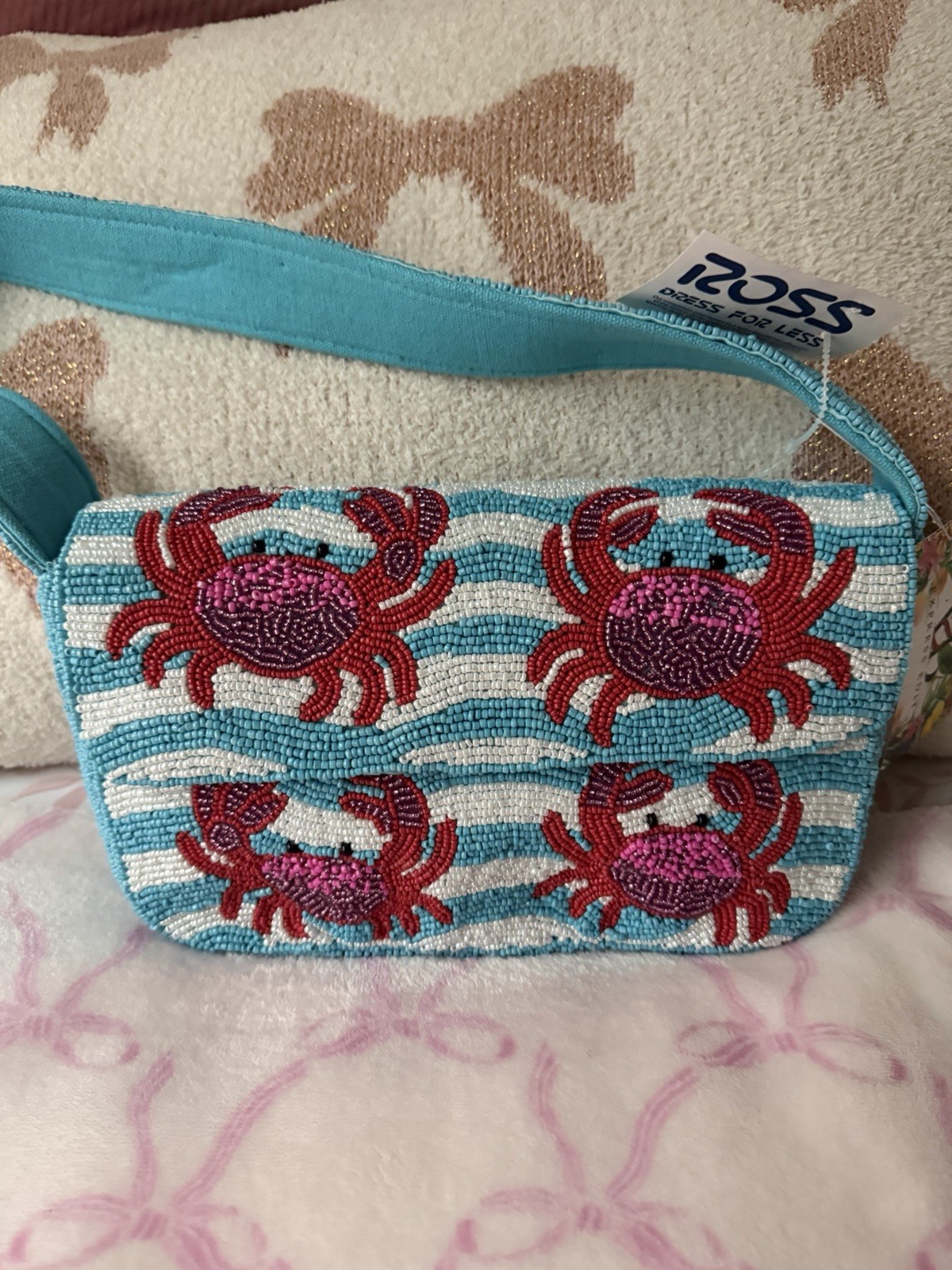 Beaded Crab Striped Blue White Small Shoulder Bag Lined Snap Inner Pockets