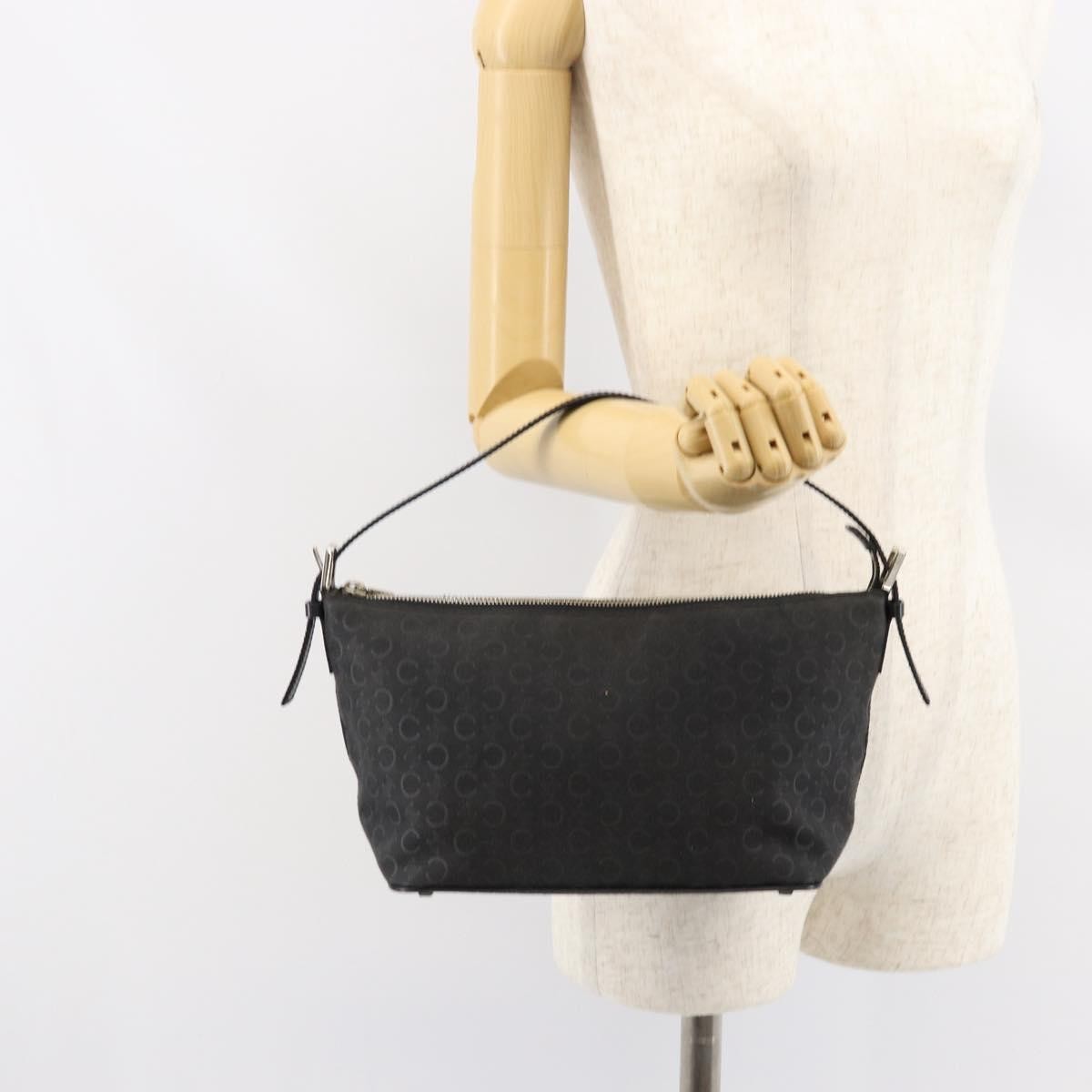 CELINE C Macadam Canvas Shoulder Bag Black Silver Auth SW1802