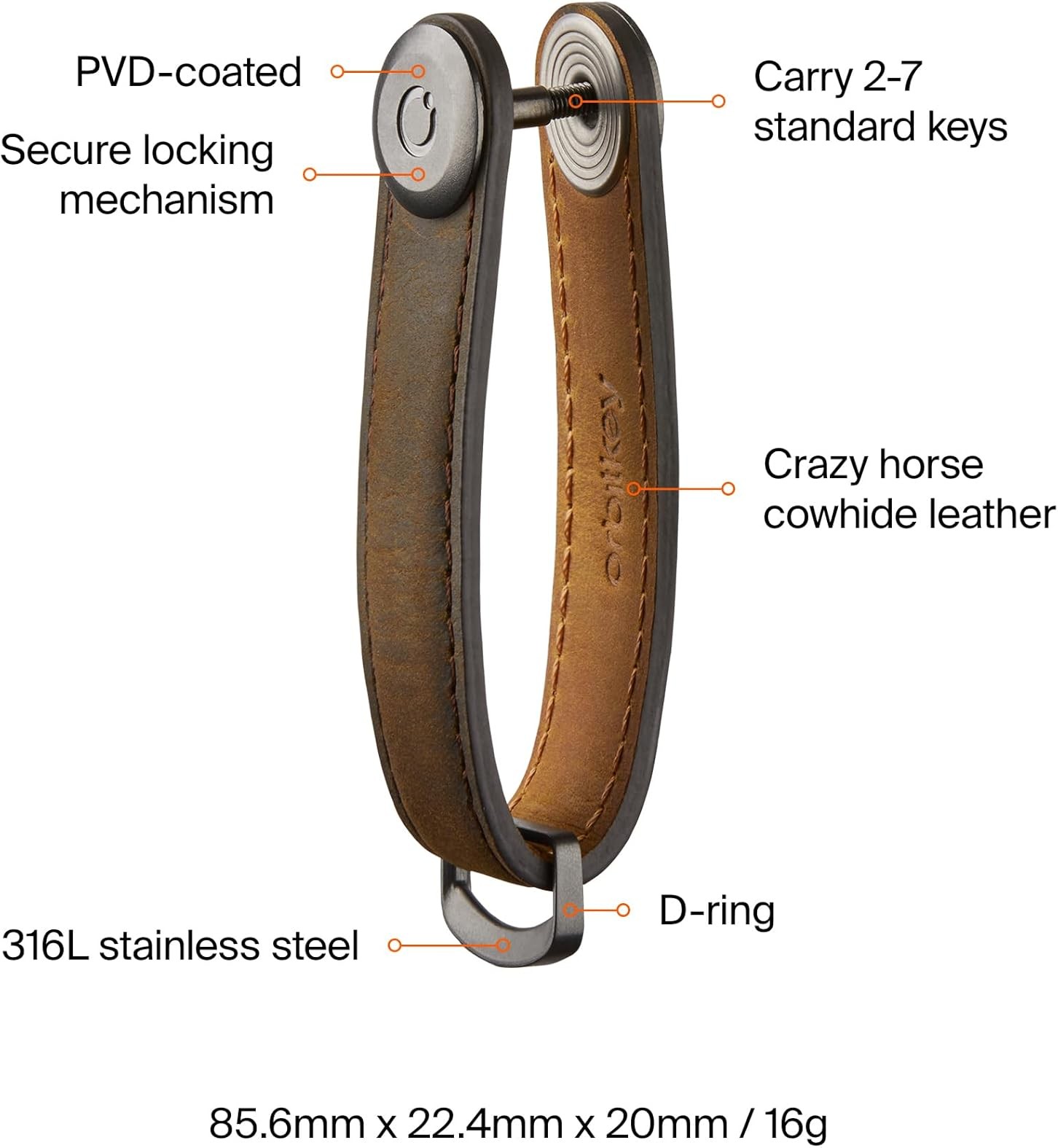 Orbitkey Crazy-Horse Leather Key Organizer, Carry 2-7 Keys, Oak Brown/Brown