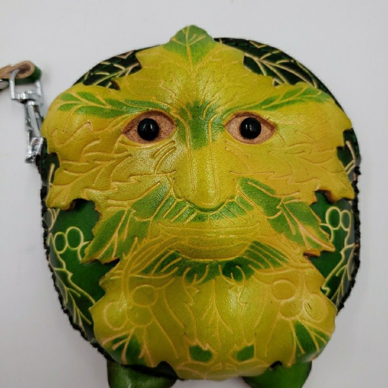 Green Man Coin Purse Woodland Fairy Wristlet Handmade Leather Gift Card Holder