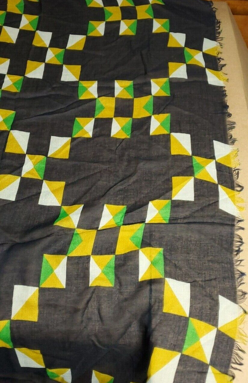 Black Green White Yellow Square Triangle Print Head Neck Scarf 6Ft X 40Inch New