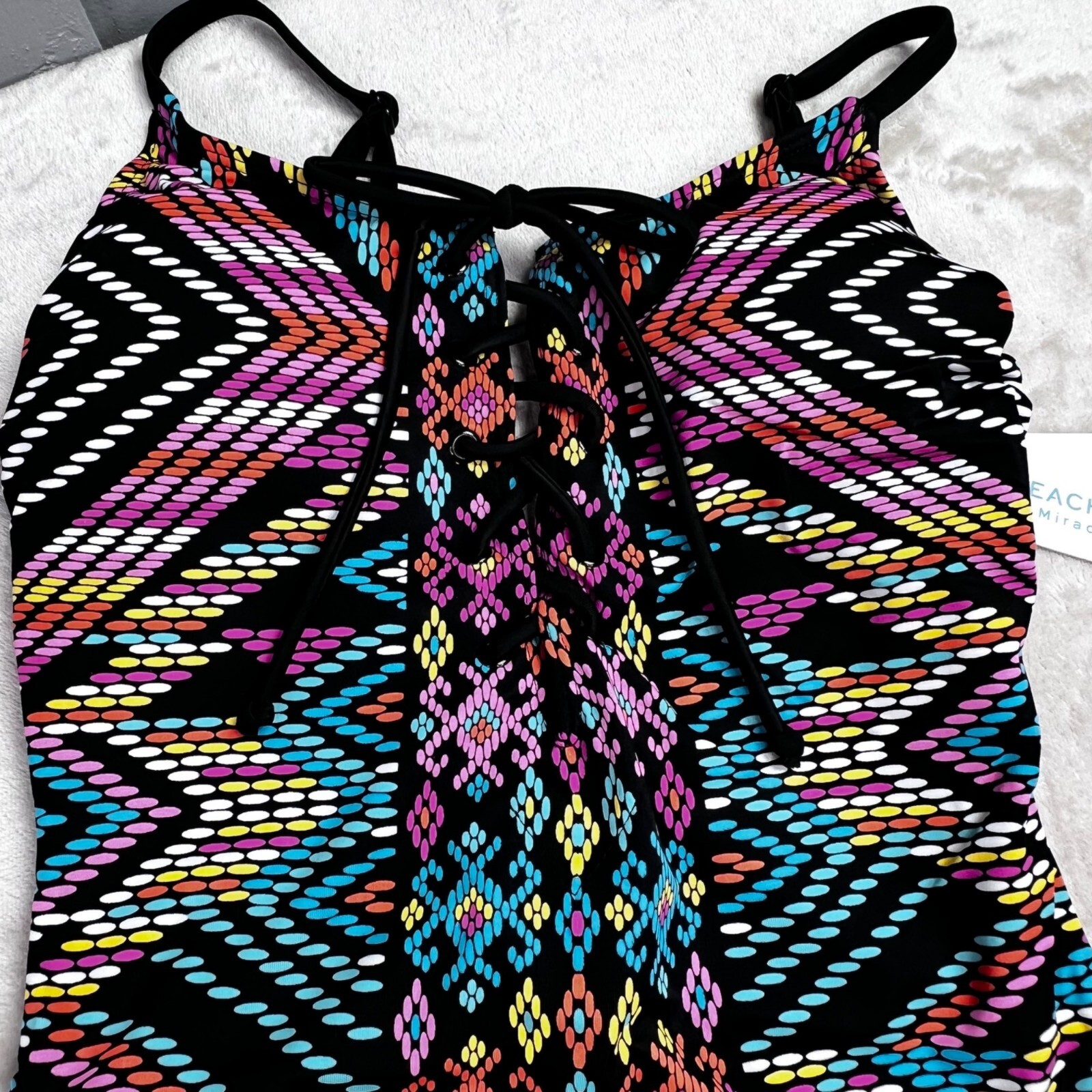 Beach Betty Miracle Brands Swimsuit size S One Piece Black Mosaic Lace Up NWT