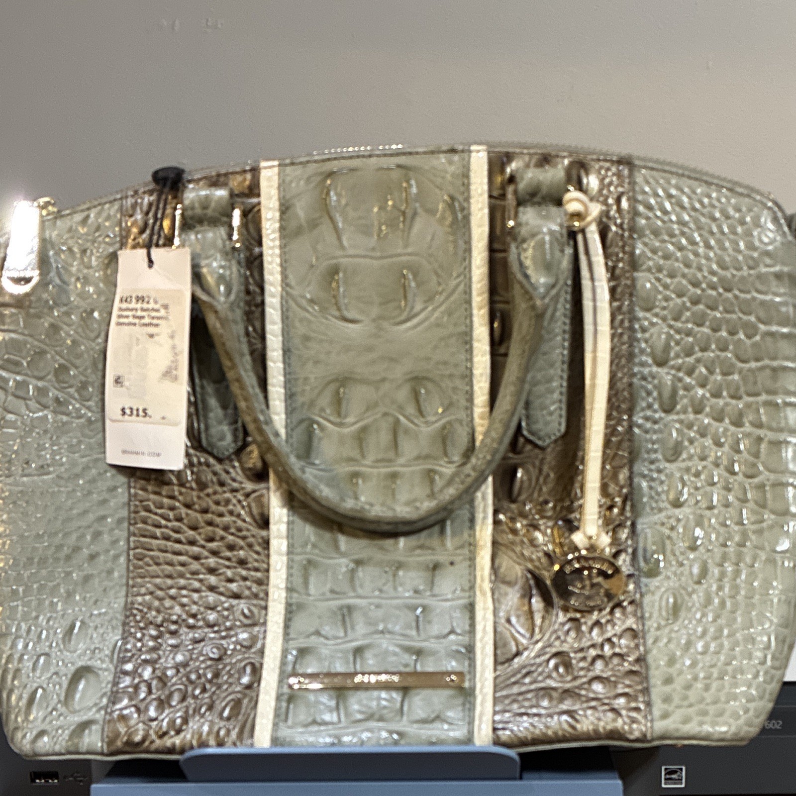 Brahmin Duxbury Satchel Medium Embossed Green/Silver Zip Lined Pockets