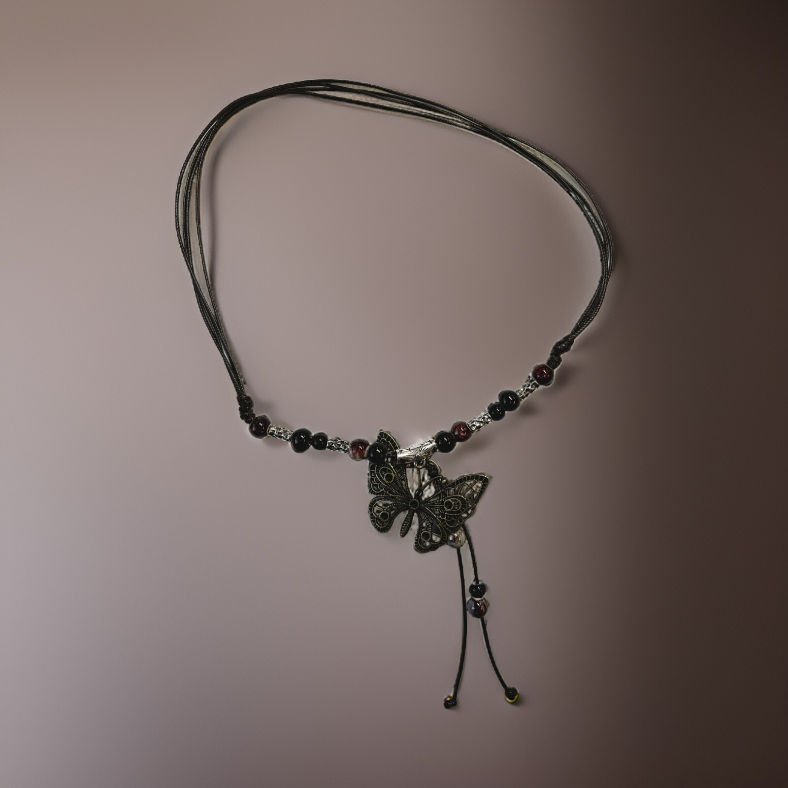 Black White Bead Silver Butterfly Pendant Charm Blessing Vintage Necklace