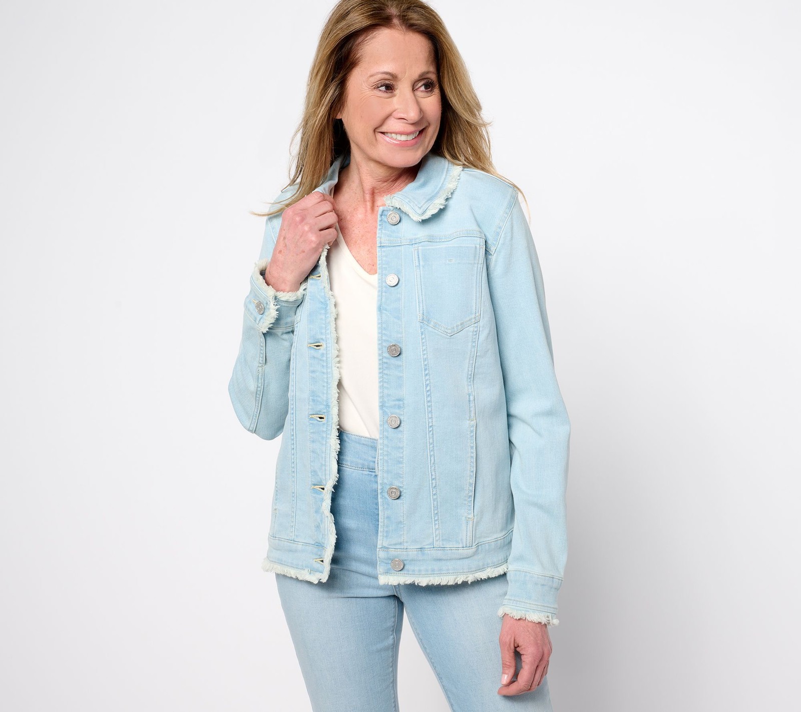 Susan Graver Women’s Jacket Sz XS Denim Button-Front Frayed Jean Blue A470182