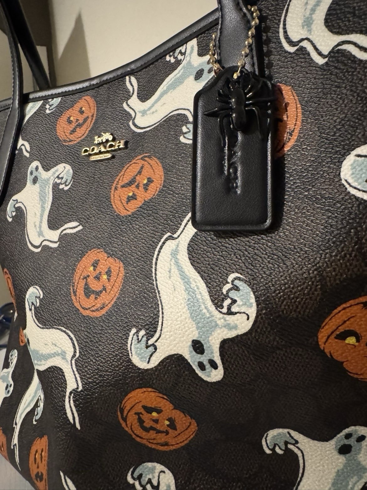 Coach Halloween Ghost & Pumpkin Print Large Tote, Black, Logo Charm, Open Top