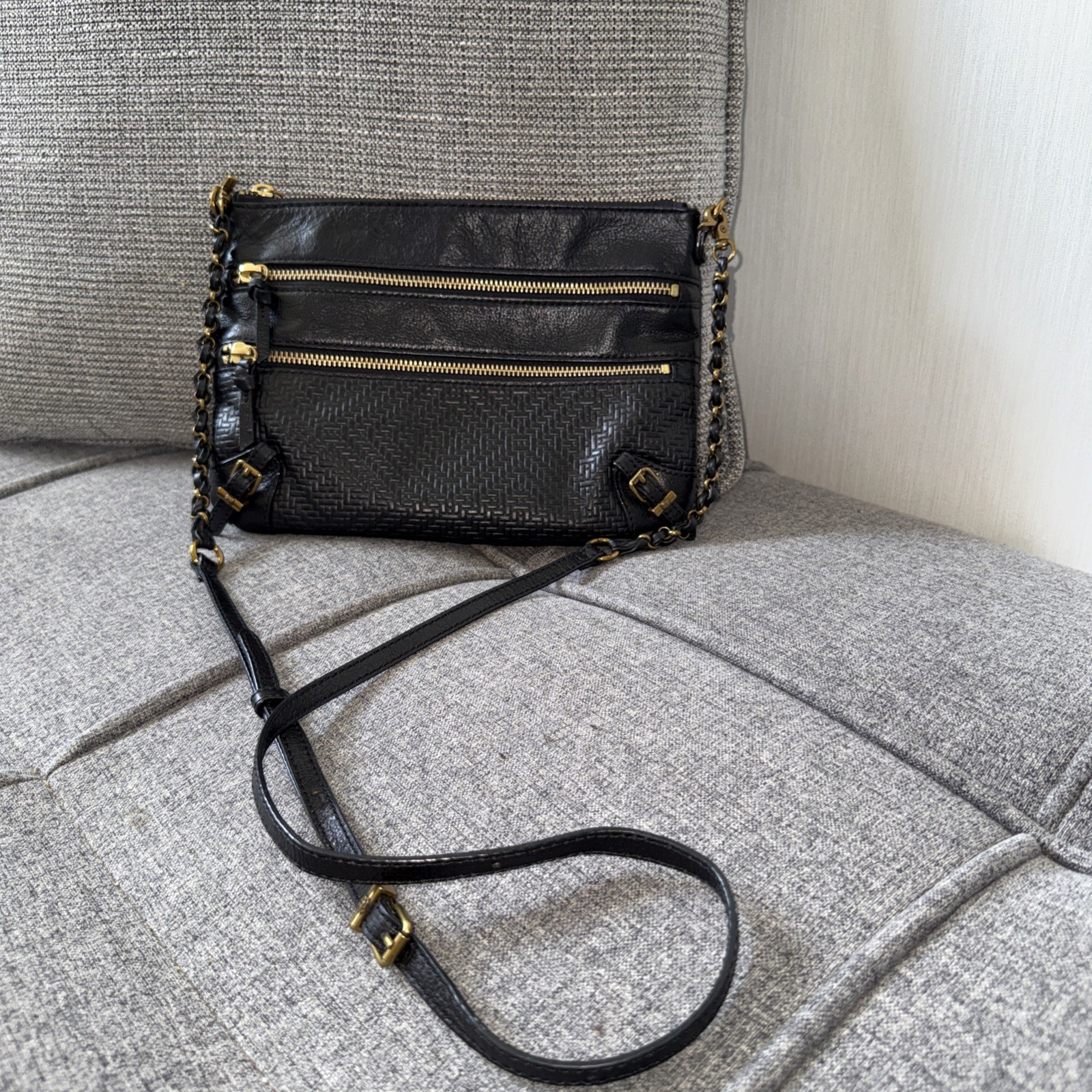 Elliot Lucca 3-Zip Leather Crossbody Shoulder Bag Black Adjustable Strap, Gold