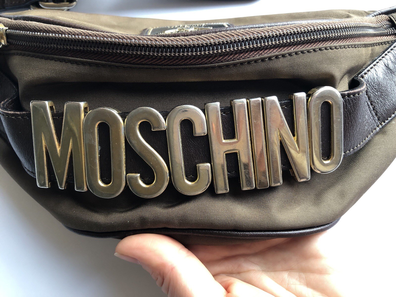 MOSCHINO Redwall Vintage Brown Nylon Gold Logo Fanny Pack Belt Bag
