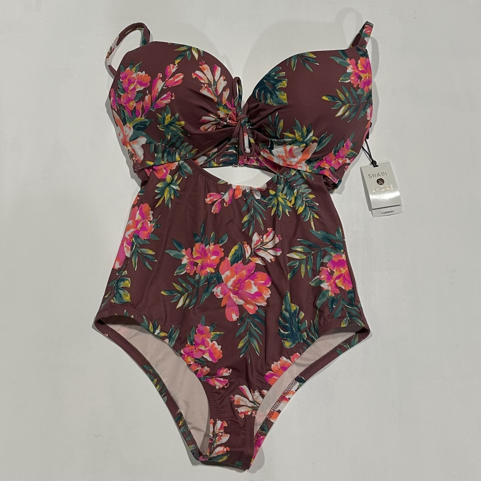 Women’s Current Lightly Lined Keyhole Tie One Piece Swimsuit, Burgundy 32DDD