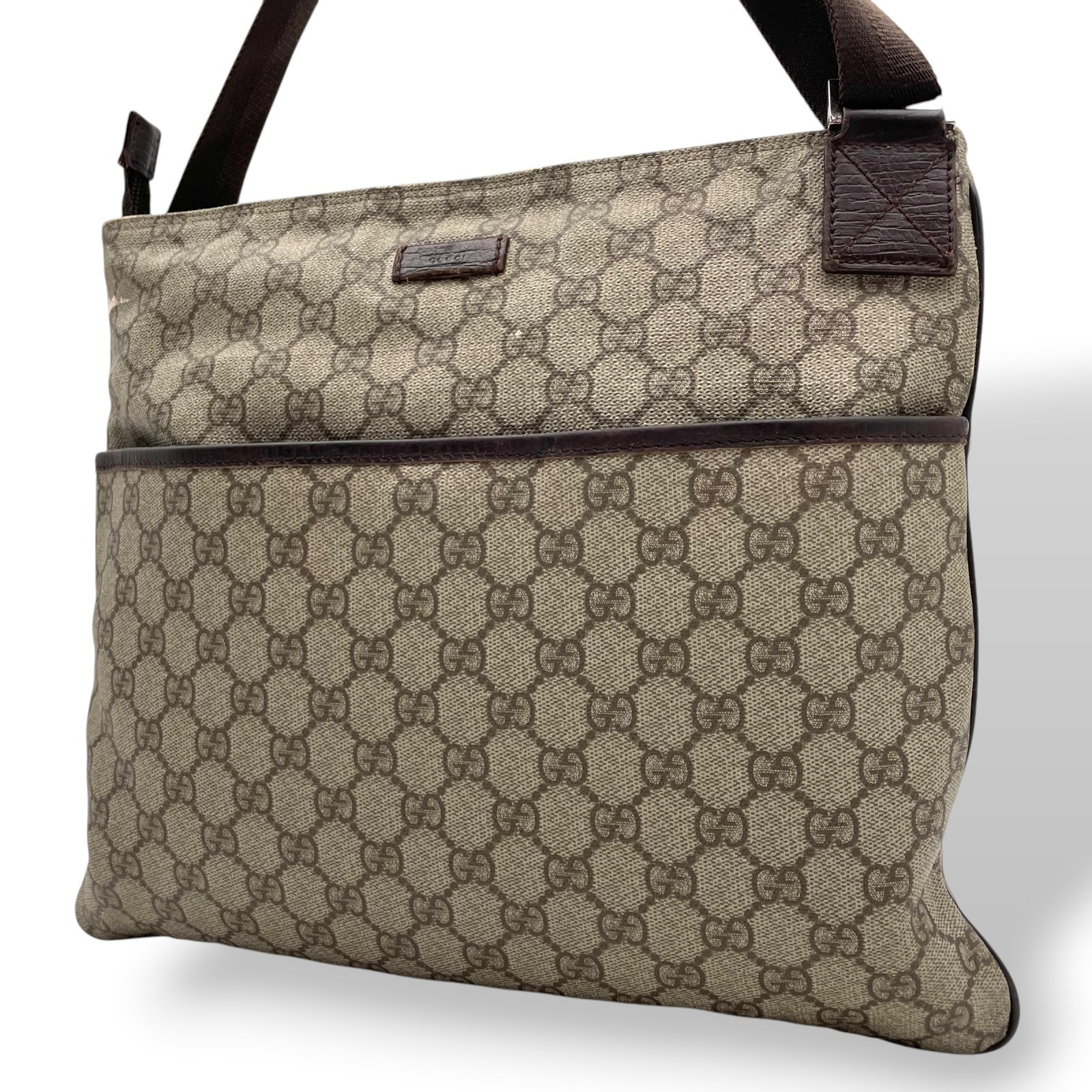 Authentic GUCCI GG Supreme Shoulder Bag PVC Leather Beige Brown Classic Men