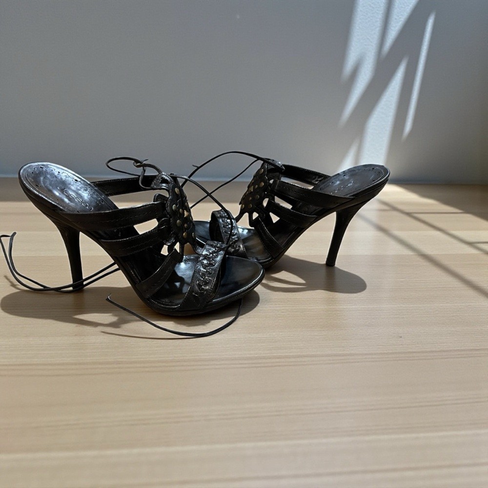 Jessica Bennett Black Leather Studded Lace-Up Heels – Worn Once Size 7.5