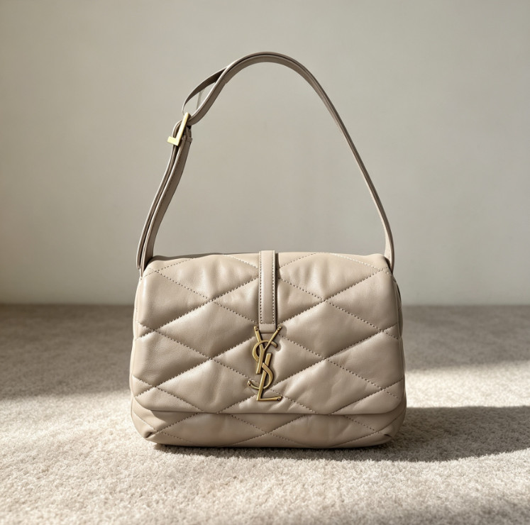 Saint Laurent LE 57 Hobo Shoulder Bag Beige Leather GHW Adjustable Strap Auth