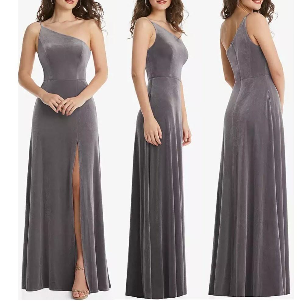 NWT After Six One Shoulder Velvet Maxi Dress Gown Sz 2 in Caviar Gray