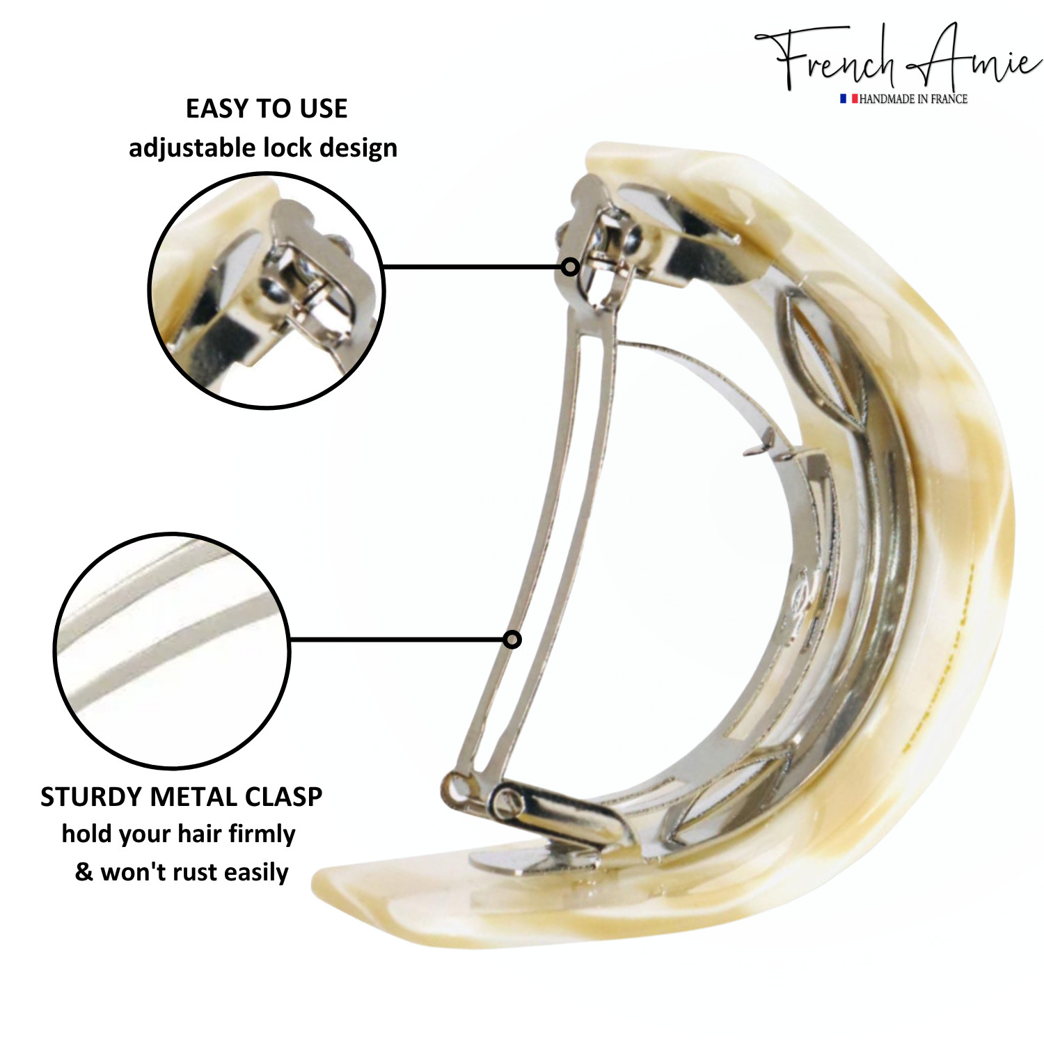 French Amie Half Circle 2 1/4″ Medium Ivory Curved Handmade Cellulose Hair Clip