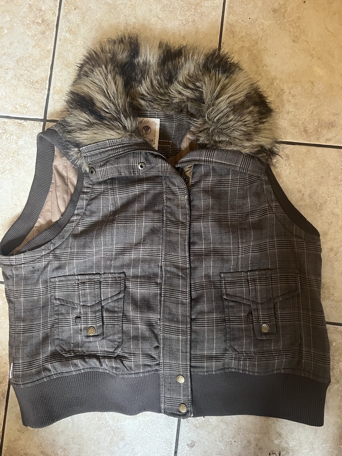 Fat Face brown Plaid Zip gilet: Size 18 With Faux Fur Collar – Wool Blend