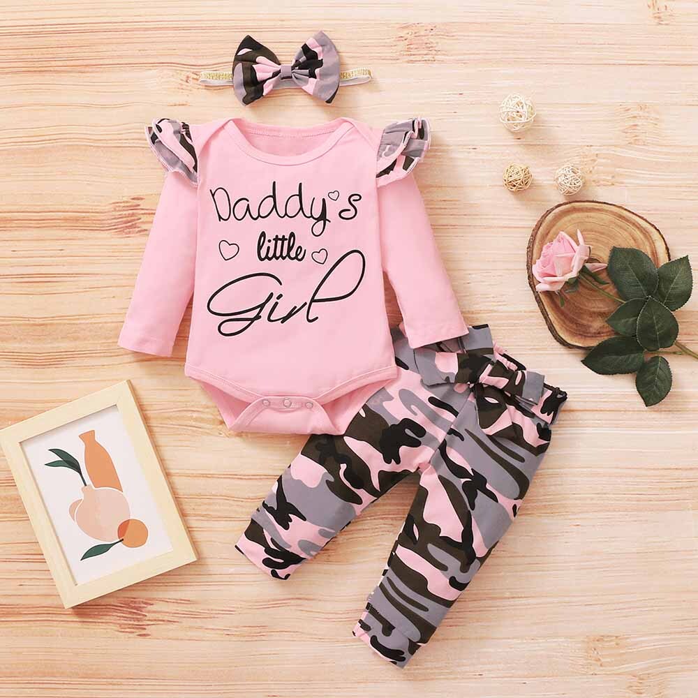 3Pcs Newborn Baby Girl Clothes Set Romper Bodysuit Top Camo Pants Outfits
